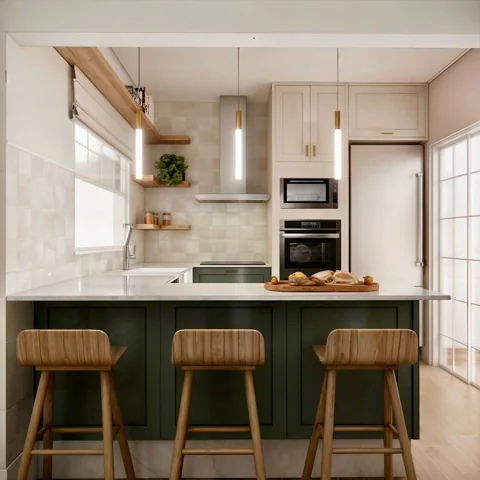 Visualização de cozinha com armários claros, ilha verde e bancos amadeirados.